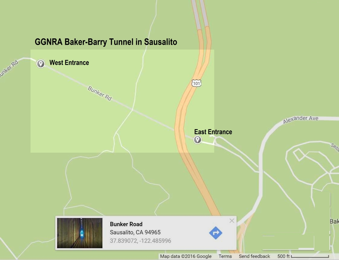 Map of Baker Barry Tunnel in Marin Headlands (GGNRA) near Sausalito